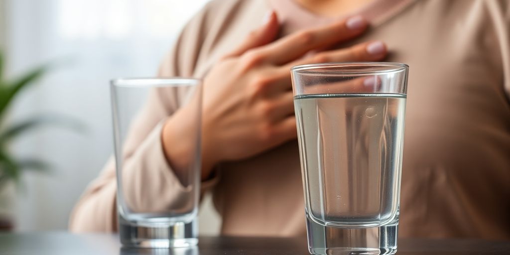 Person's hand on chest, water glass nearby.