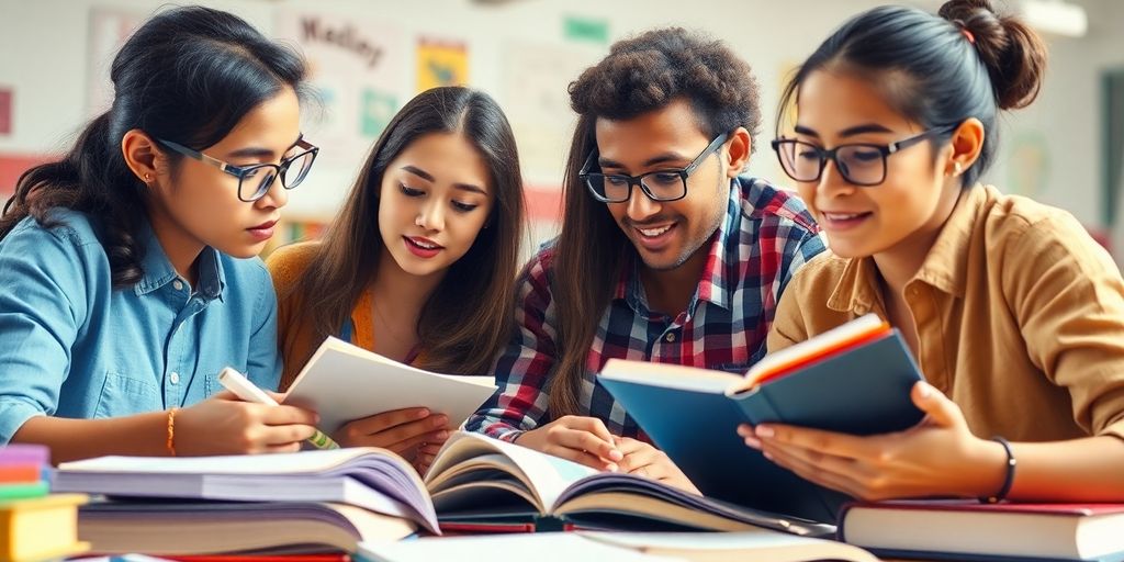 Group of students studying together in a bright setting.