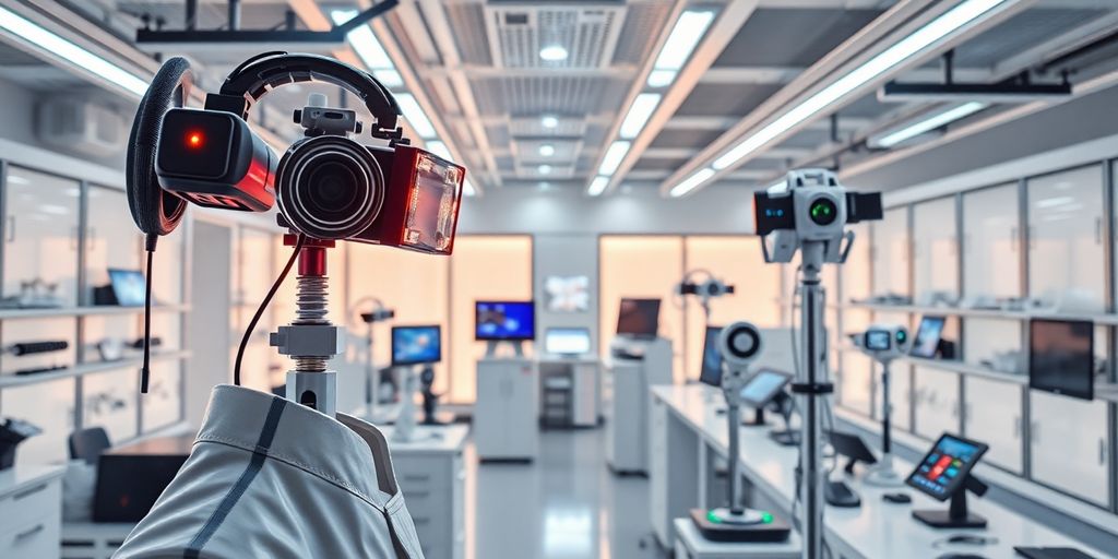 Futuristic lab with AI and multimedia technology.