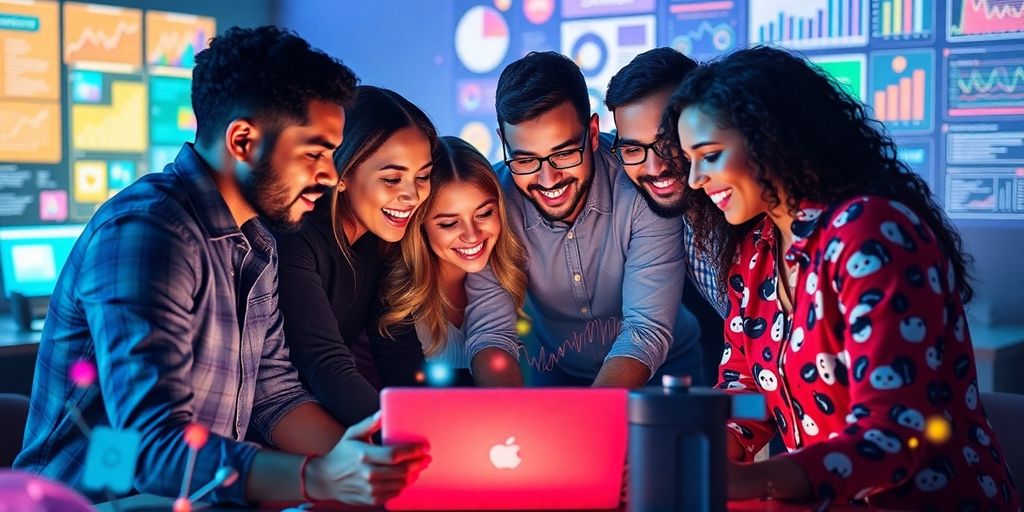 Profissionais de marketing digital colaborando em um laptop.