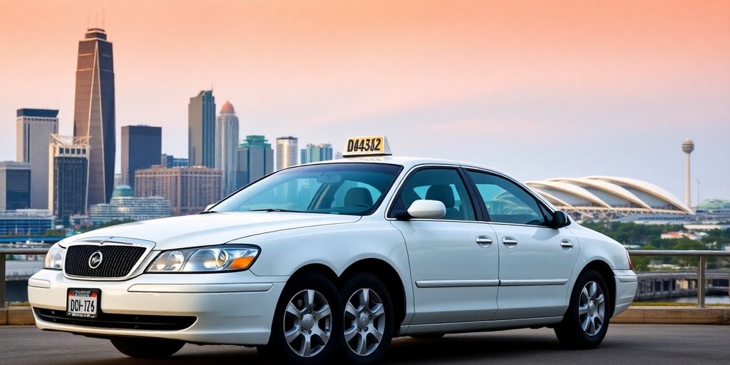 Cab in downtown Dallas with DFW Airport backdrop.