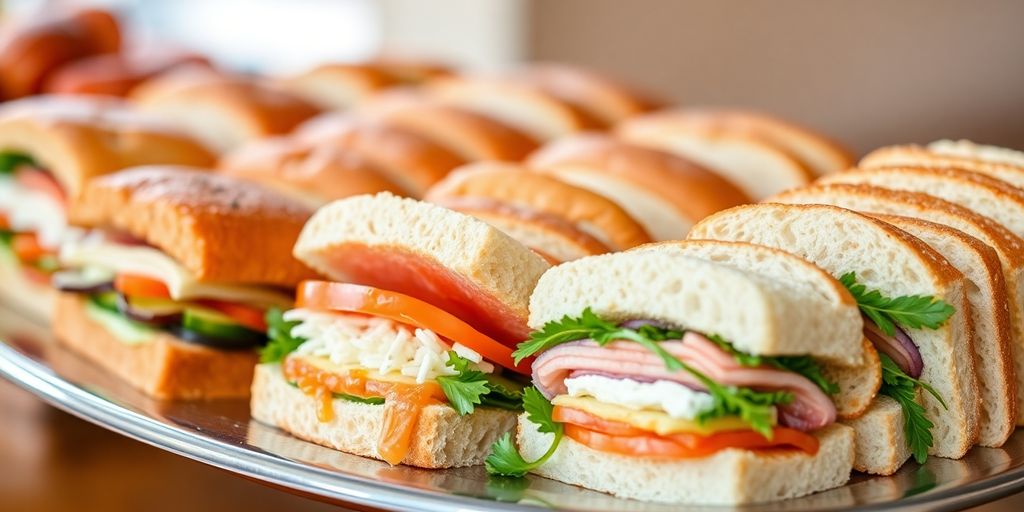 แซนวิชหลากหลายชนิดบนถาดจัดเบรค