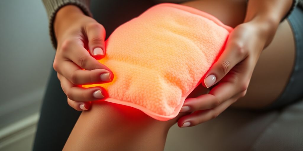 Person applying a warm heat pack to a knee.