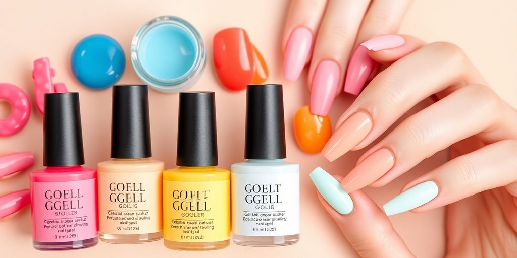 Colorful gel nail polishes with manicured nails.