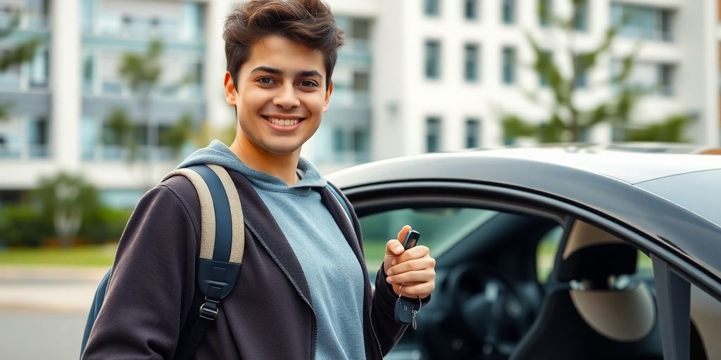 Étudiant souriant près d'une voiture électrique compacte