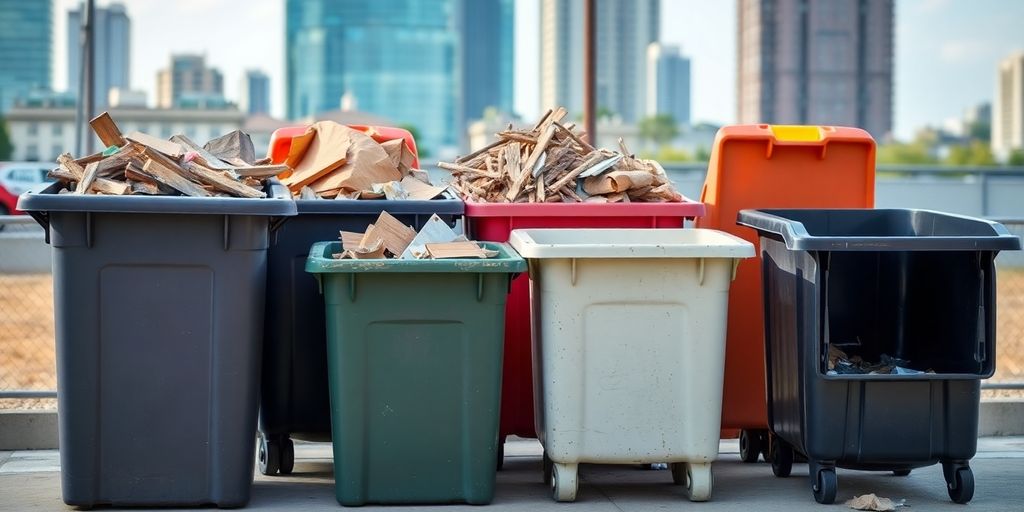 Various construction bins in a Toronto setting.