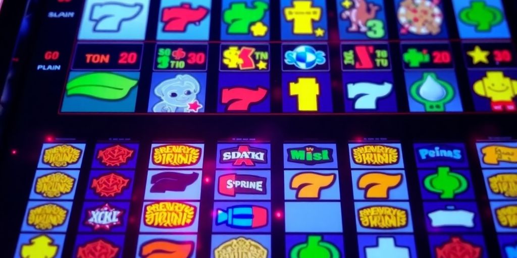 Slot machine paytable with glowing symbols.