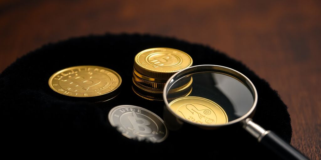 Shiny coins and magnifying glass on dark velvet.