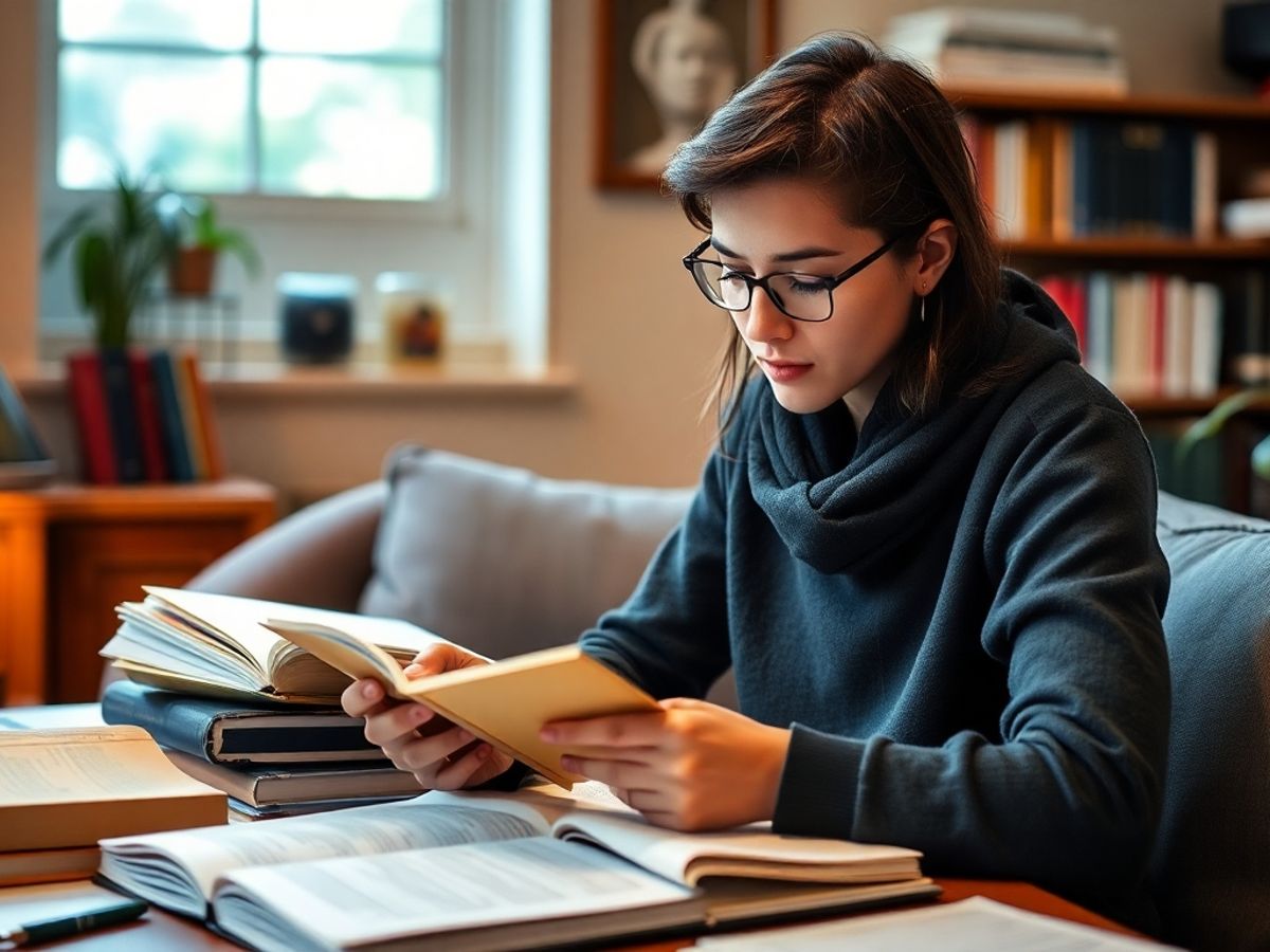 Student studying for GRE in a cozy study space.