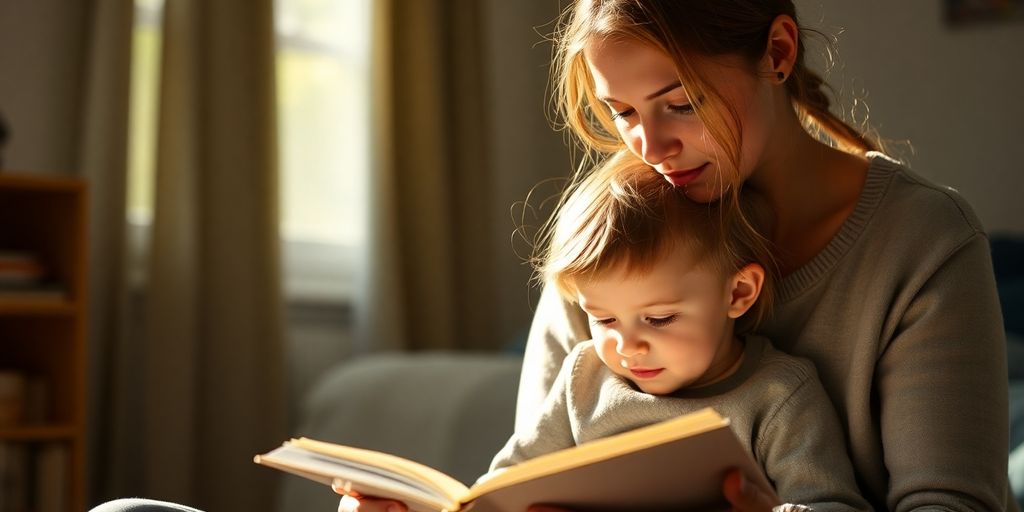 Parent helping child focus on a book.