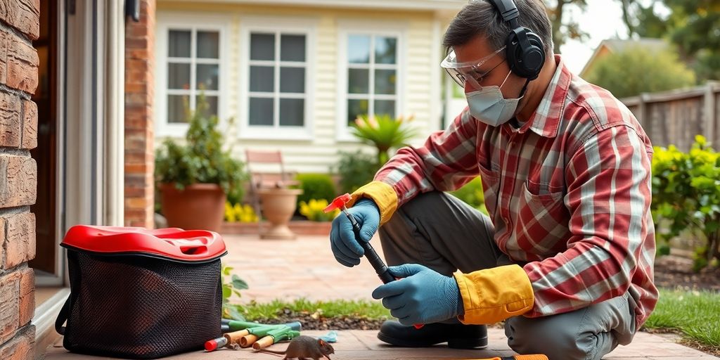 Tehnician deratizare inspectând o zonă rezidențială.