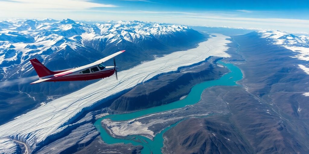 A small plane flies over snow-covered Alaskan mountains and glaciers.