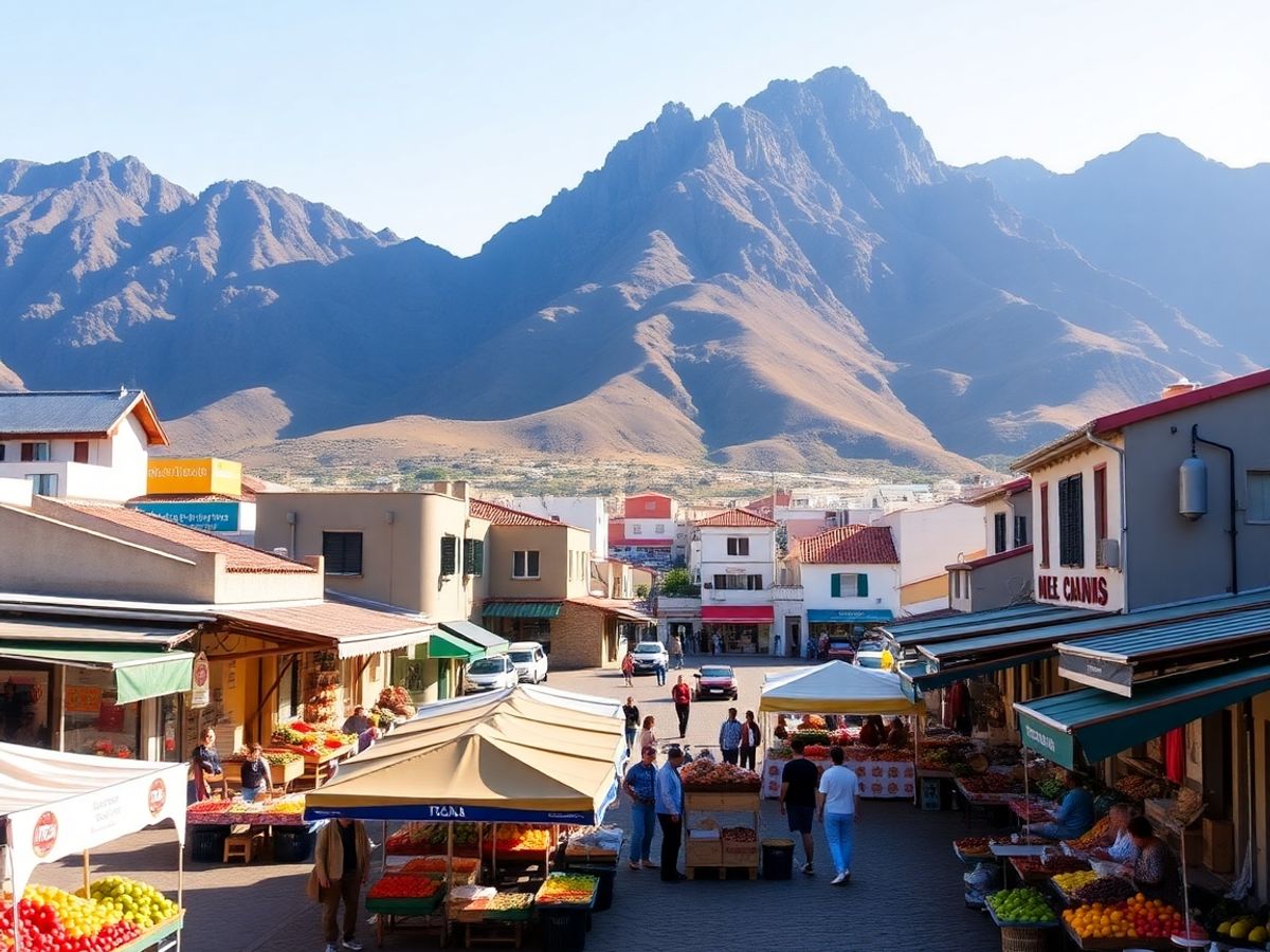 Sunlit village square with colourful stalls and distant mountains.