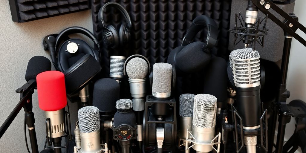 Diverse microphones and sound recording equipment.
