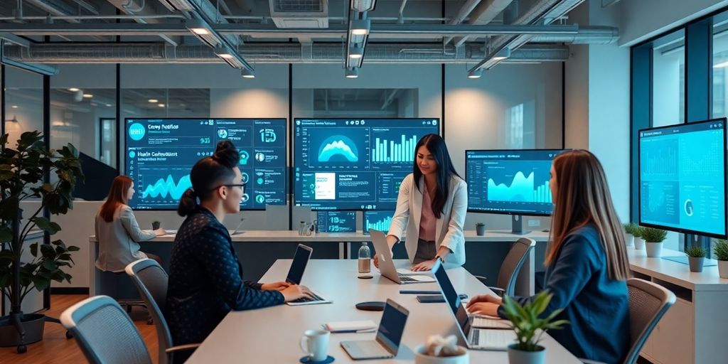 Profissionais de marketing digital em ambiente moderno.