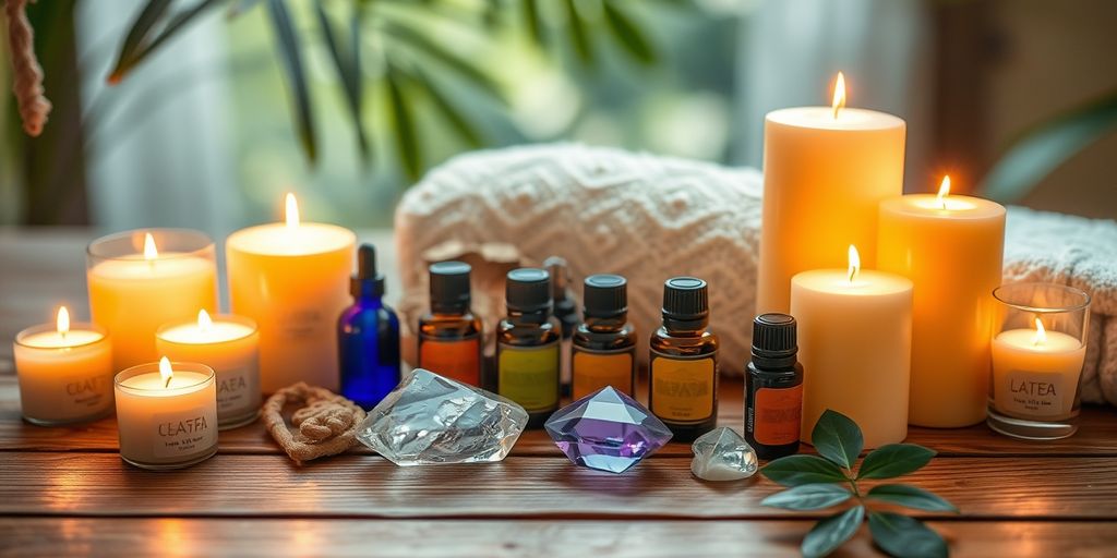 Ambiente spa con candele e cristalli