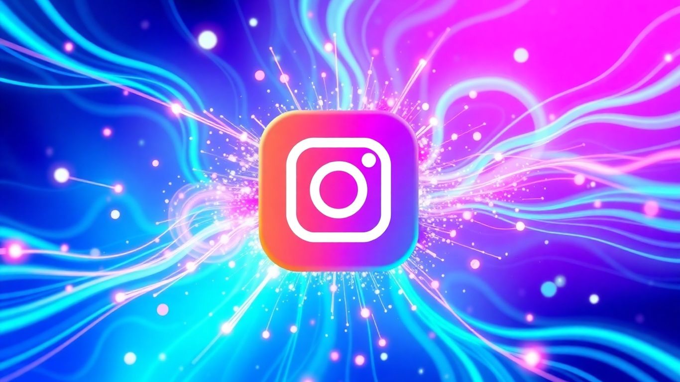 Instagram logo with energetic lines and glowing particles.