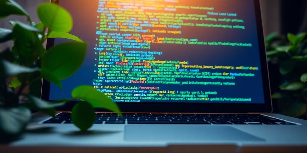 Laptop screen with Python code and green leaves.