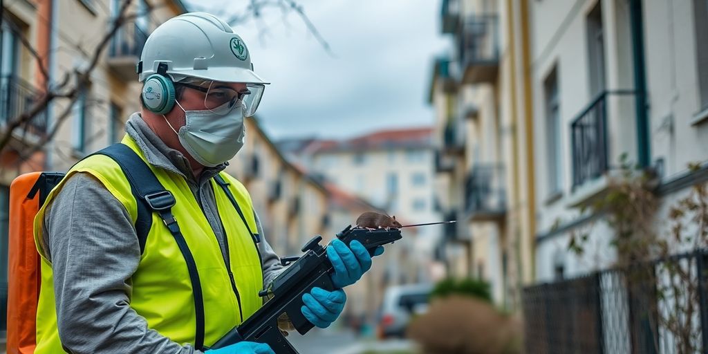 Tehnician deratizare în acțiune în București.