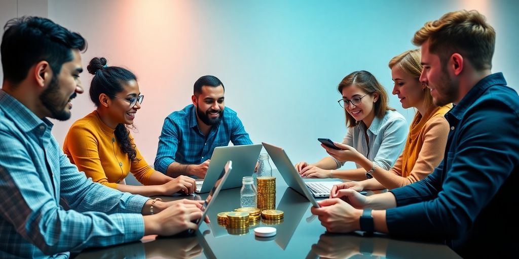 Diverse Gruppe diskutiert über Krypto-Investitionen am Tisch.