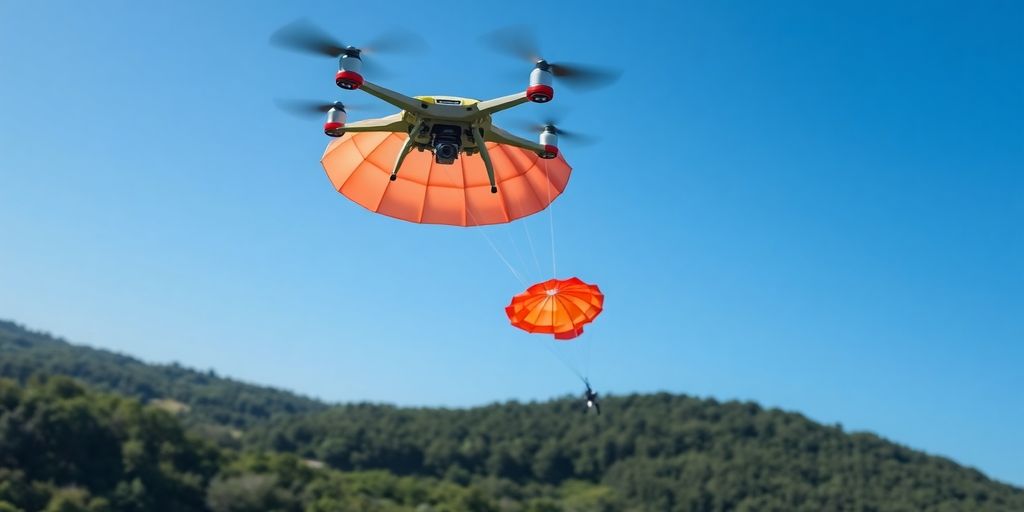 Drone avec parachute en vol au-dessus d'un paysage.