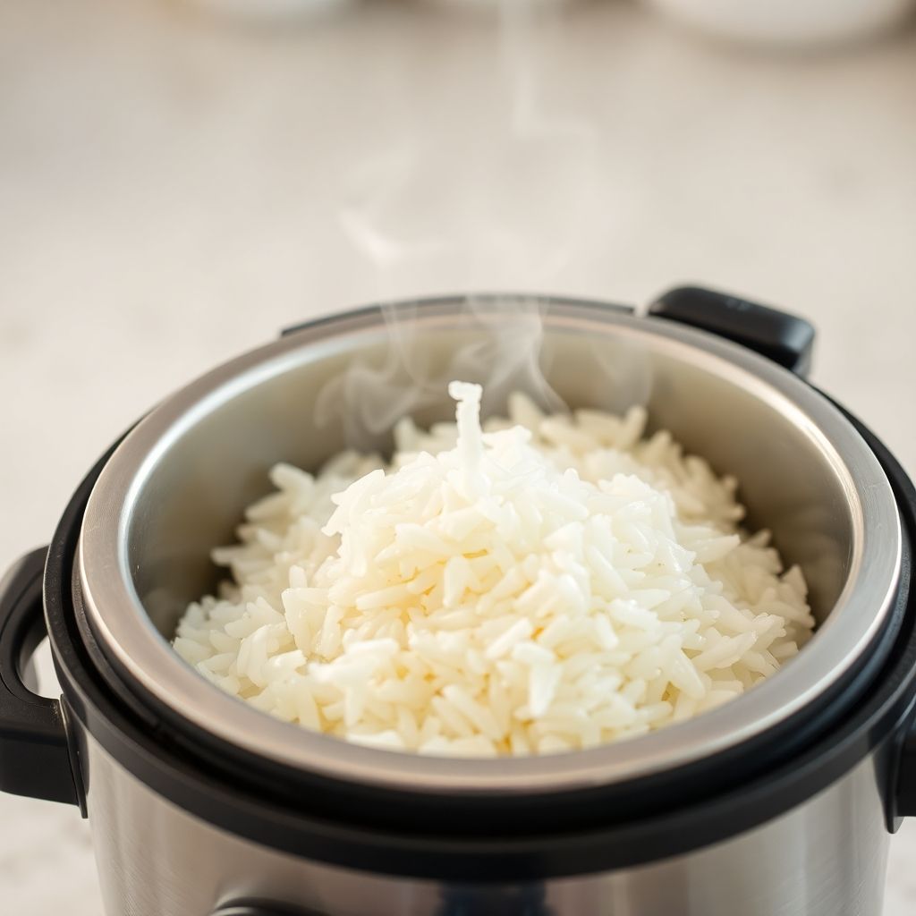 Steaming rice cooker with rice.