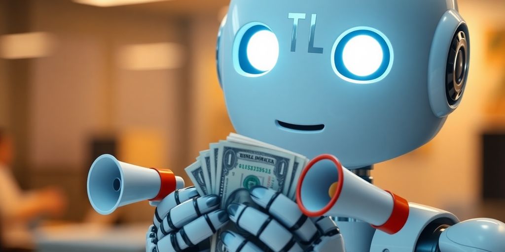 Friendly robot handling money and marketing tools.