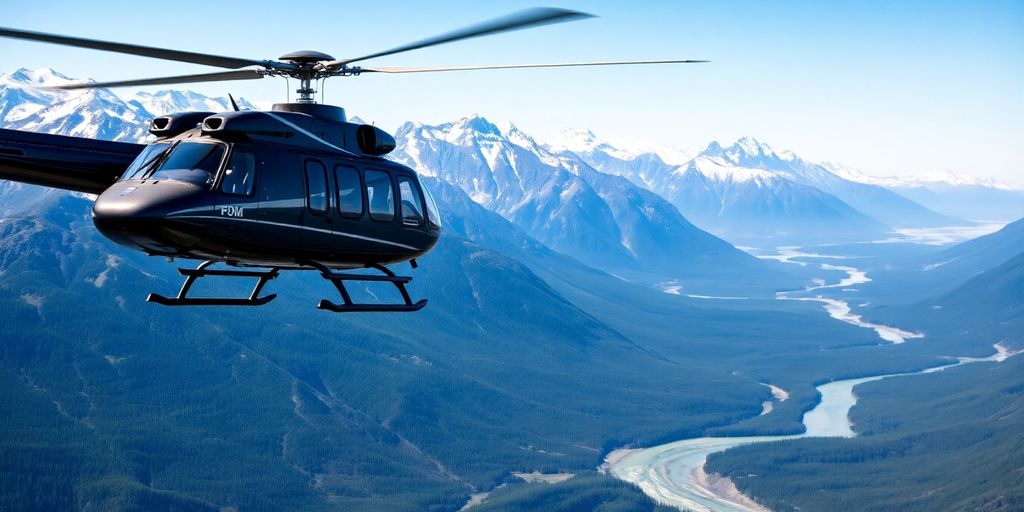 A spray helicopter flies over rugged Alaskan mountains and forests.
