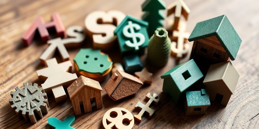 Diverse investment assets on a wooden surface.