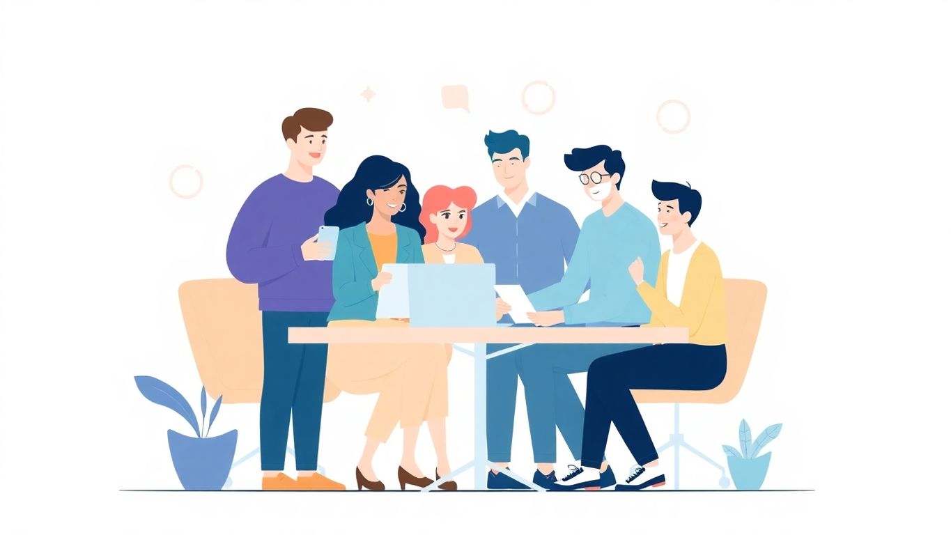 Illustrasjon av mennesker som samarbeider om merkevarestrategi.