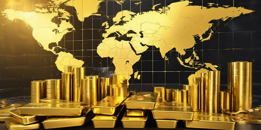 gold bars with fluctuating stock market graph and world map background