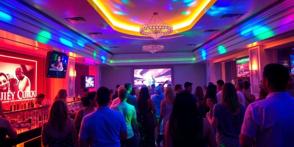 People dancing and drinking in a luxurious Cabo nightclub.
