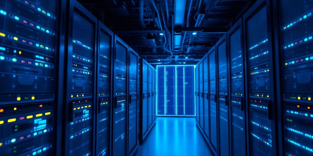 Cloudways hosting server racks with glowing blue lights.