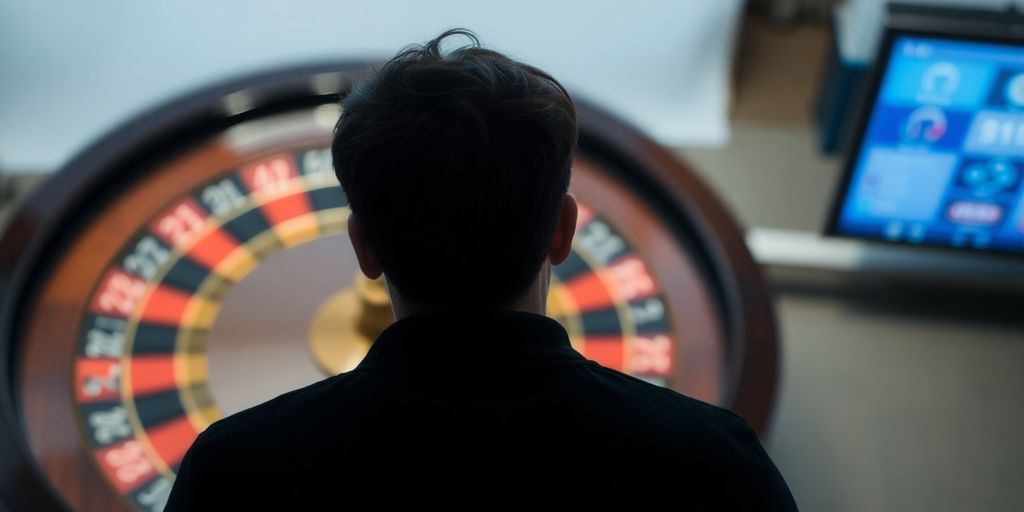 Confused person looking at spinning roulette wheel with blurred background.