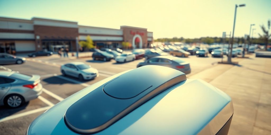 EV charging station in bustling shopping center.