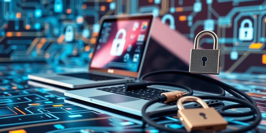 Close-up of cyber security tools and technology equipment.