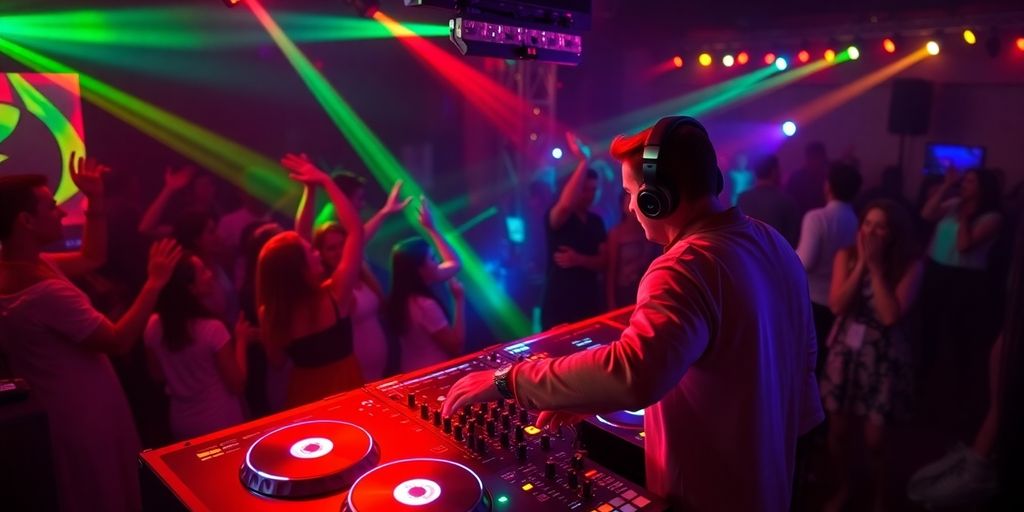DJ performing at a lively party with dancing guests.