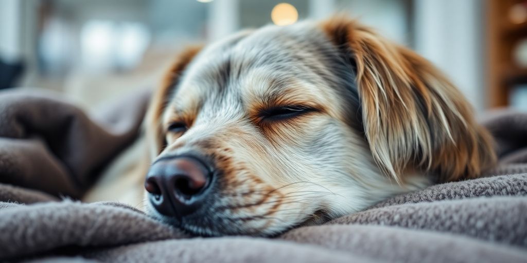 Dog resting peacefully on a soft blanket.