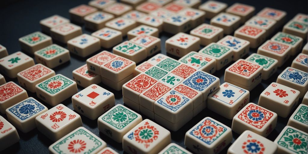 Mahjong tiles with various symbols and characters neatly displayed.