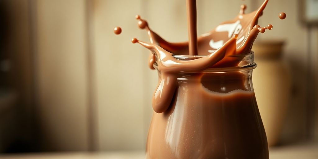 Vintage chocolate milk bottle with splashing brown liquid.