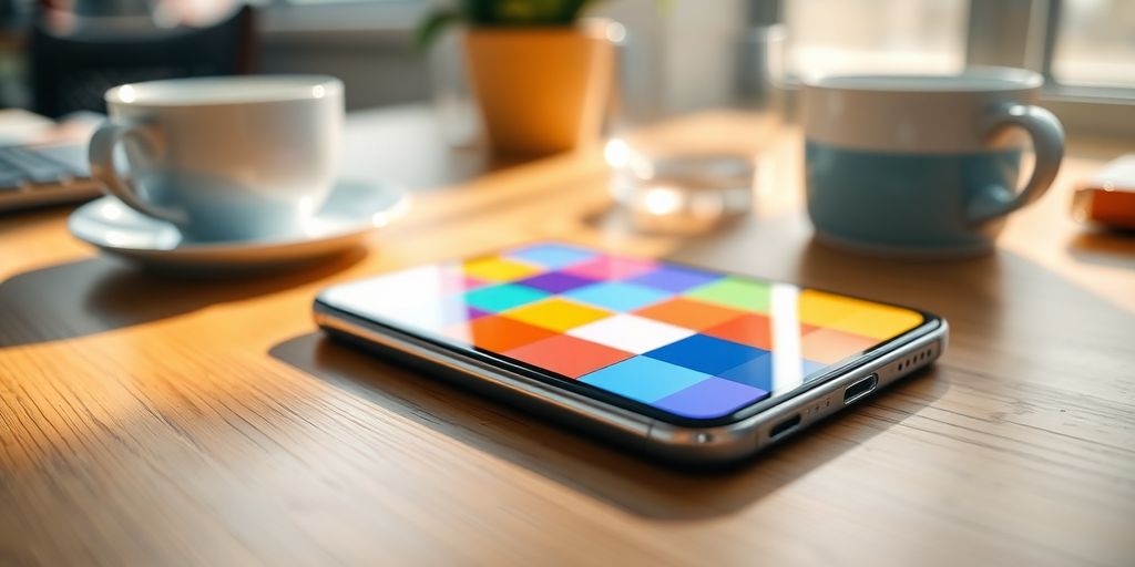 Android phone on wooden desk with colorful widget blocks, sunlight
