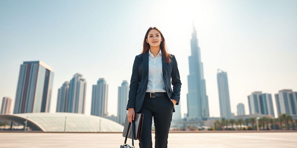 Business professional in UAE cityscape, ready for job search.