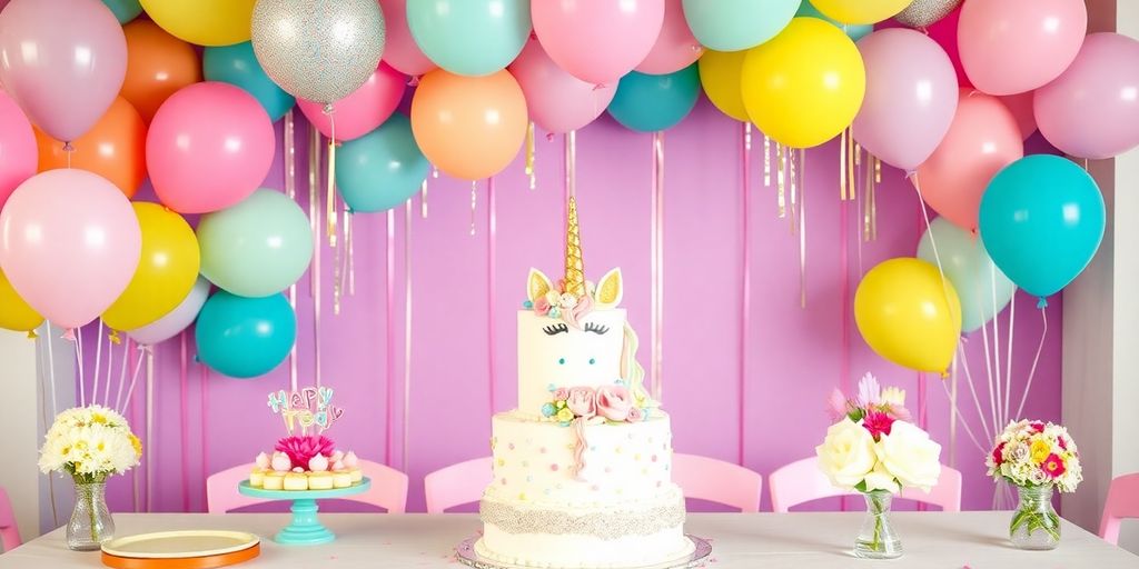 Colourful unicorn birthday party decorations and cake.