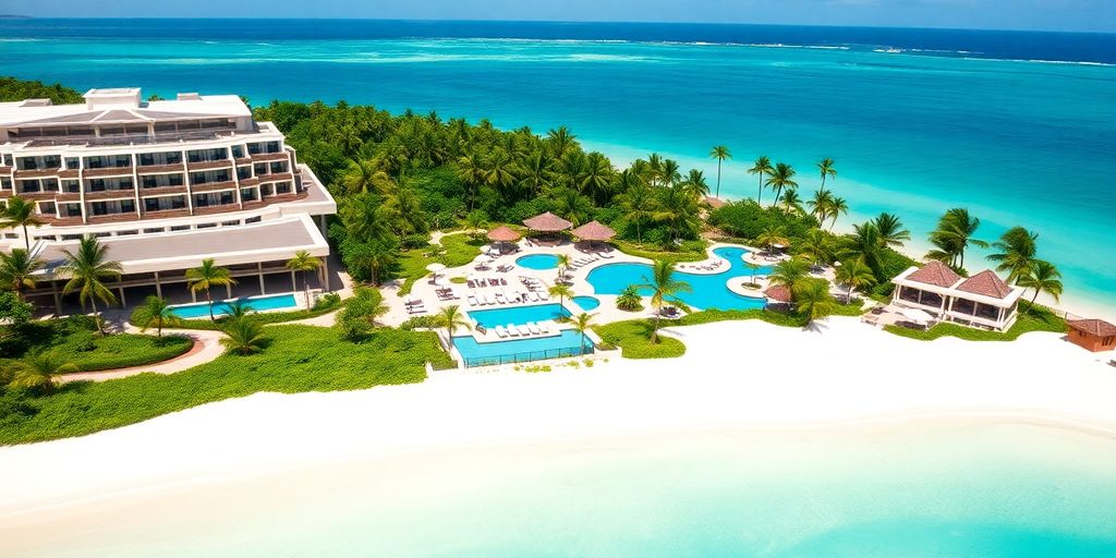Luxury beachfront resort with pools and ocean views.