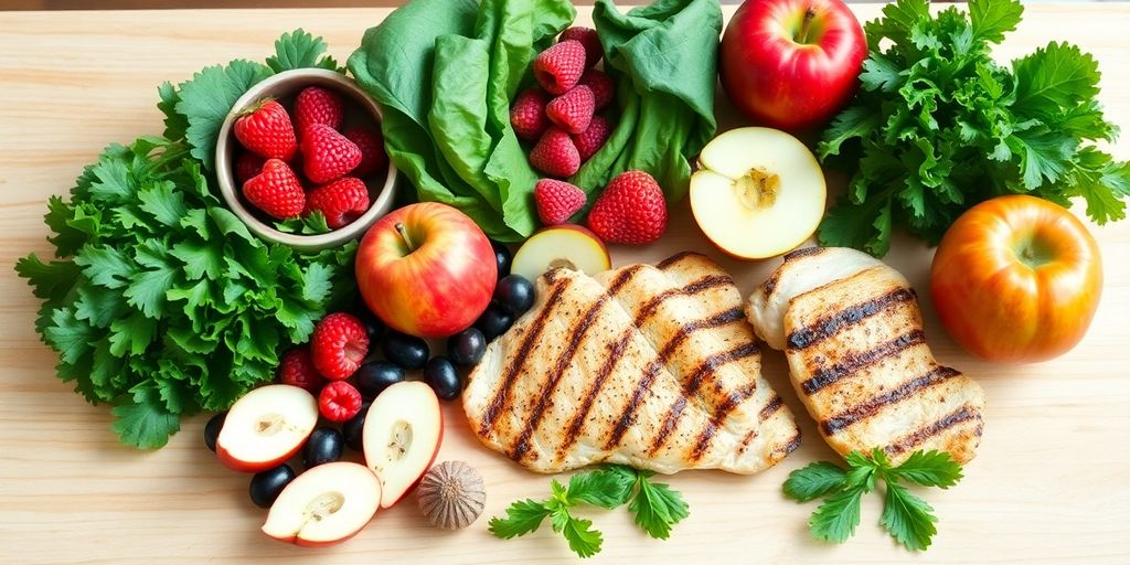 Vibrant healthy foods: fruits, vegetables, lean protein on wooden table.