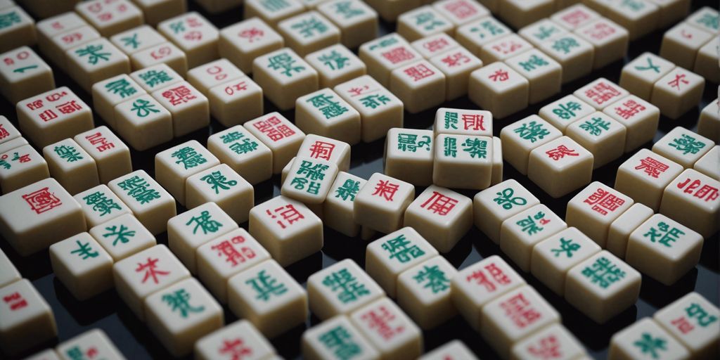 Mahjong tiles with English labels for categories like Characters, Bamboos, Dots, Winds, and Dragons.