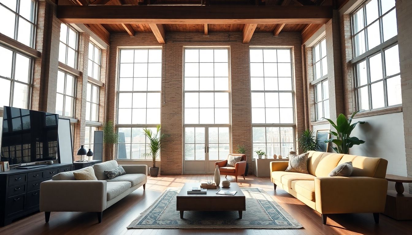 Modern loft with exposed beams and large windows.
