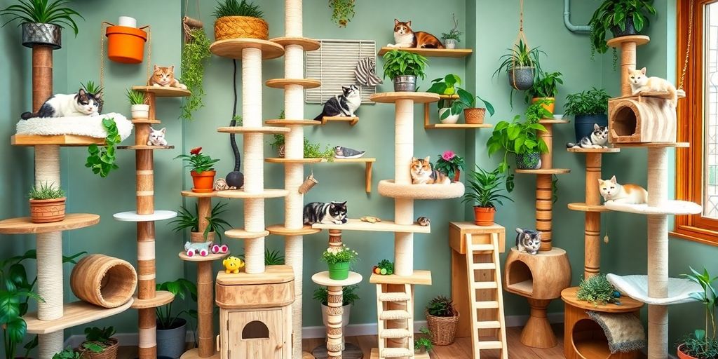 Cats playing on various vertical structures in a room.