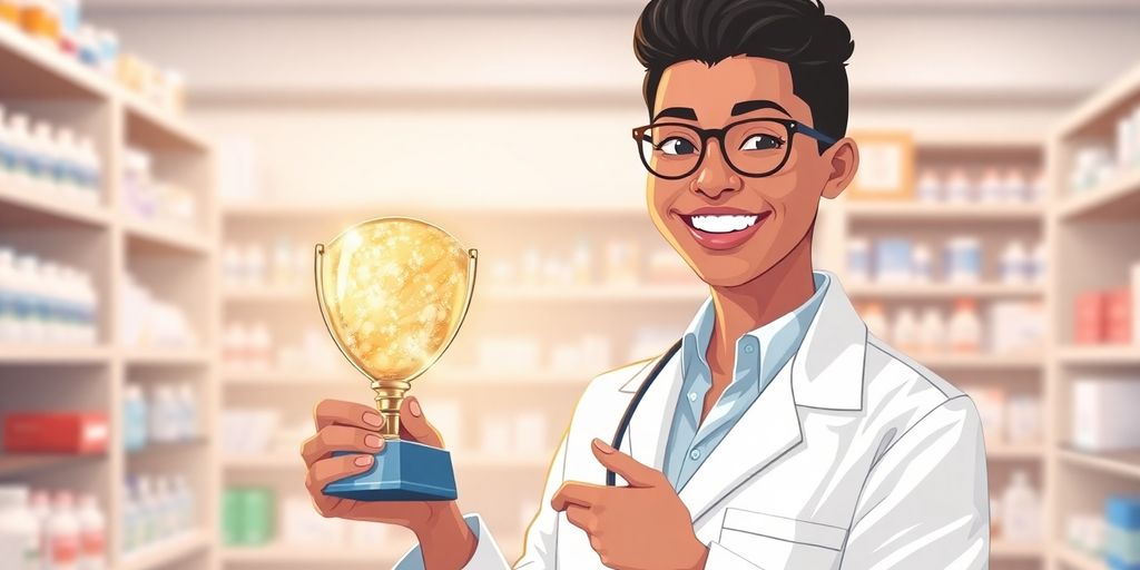 Pharmacist holding award, smiling.