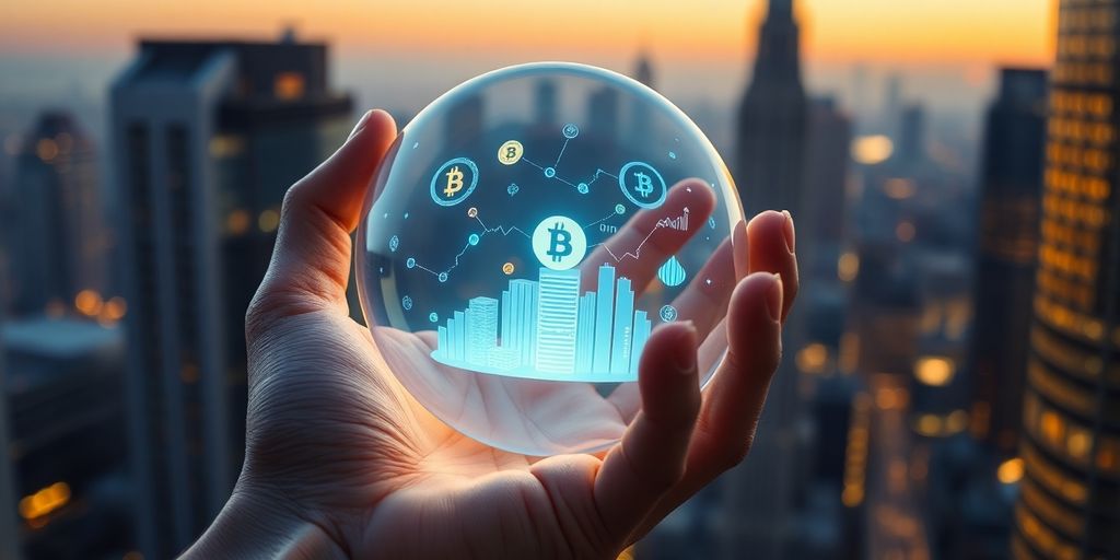 Futuristic cityscape with digital currency flowing.